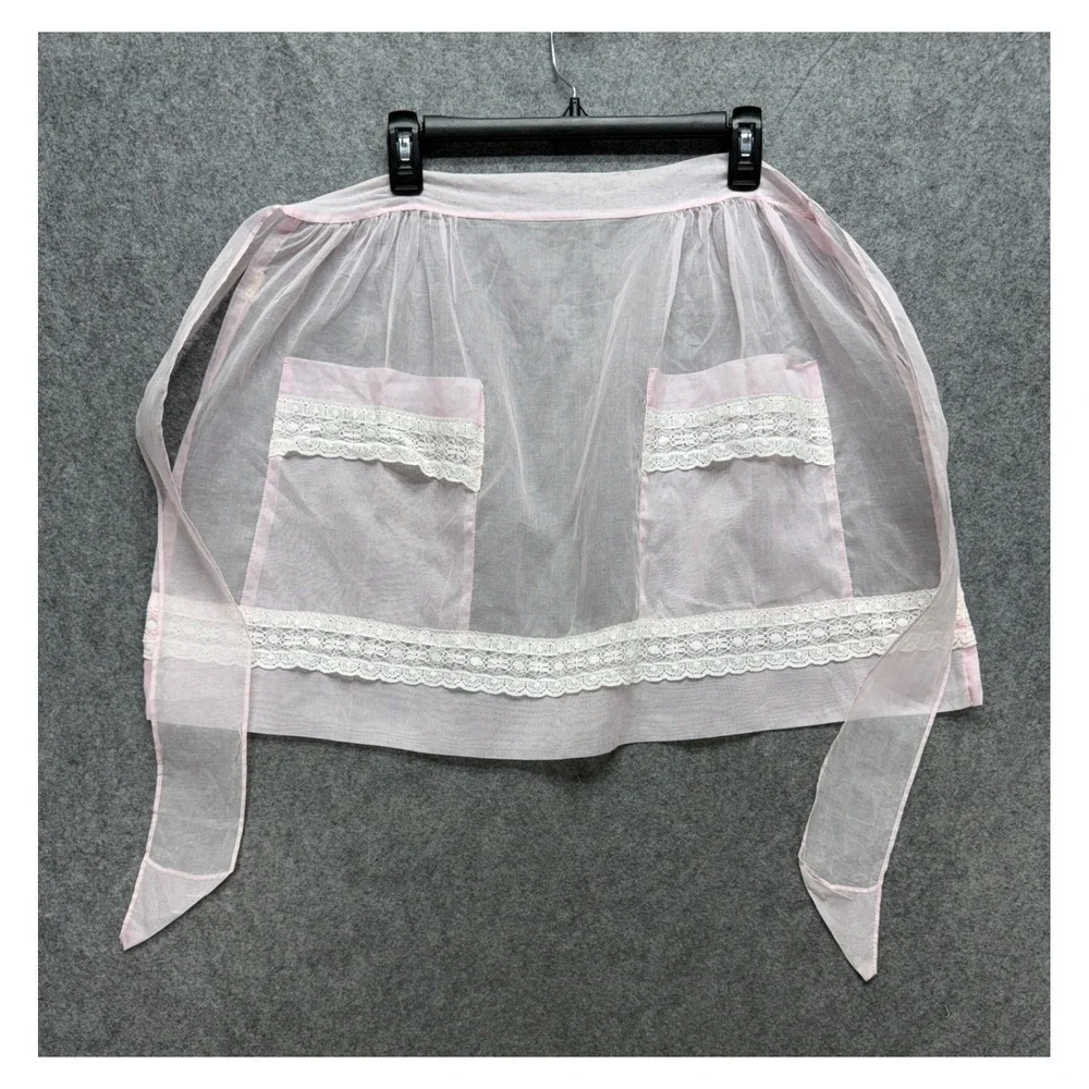Vintage Sheer Pink Organza Half Apron White Lace Trim Two Pockets Hostess MCM